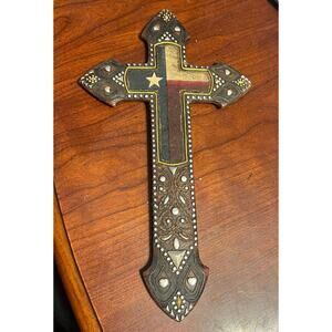 RainBow Inc Texas Flag Cross 11x5.5” brown silver gold western cowboy religion